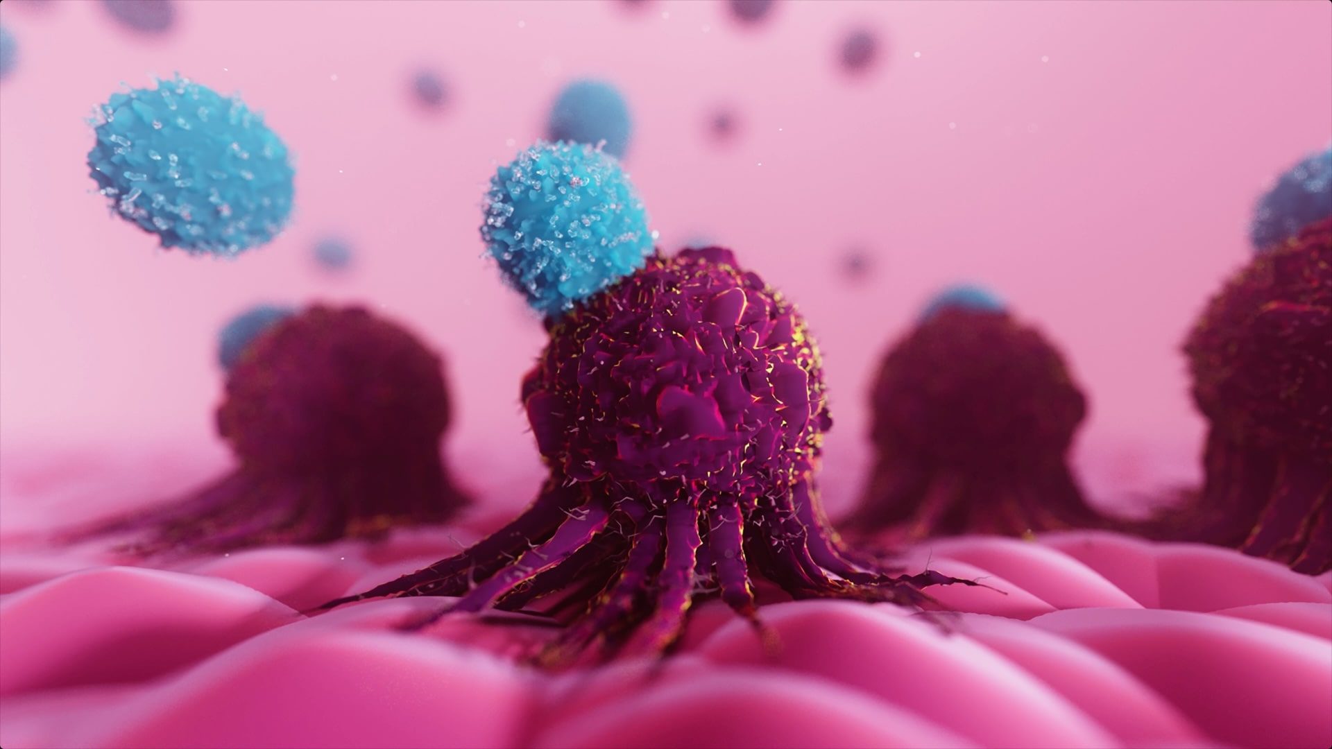 This image shows a 3D animation of the binding of a CAR T cell and a tumor cancer cell 