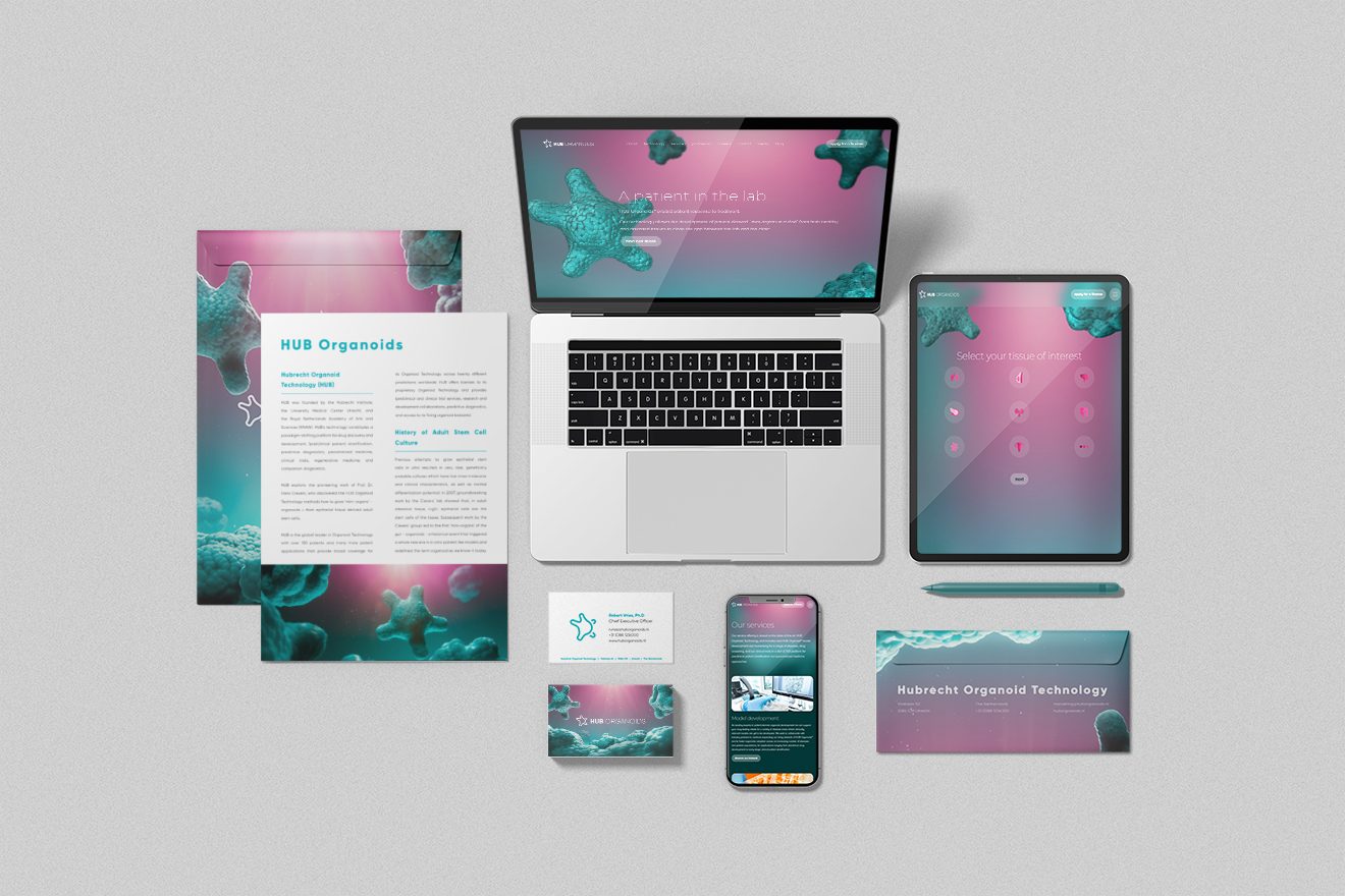 An image that shows multiple devices and collateral with the HUB branding designed by Sensu