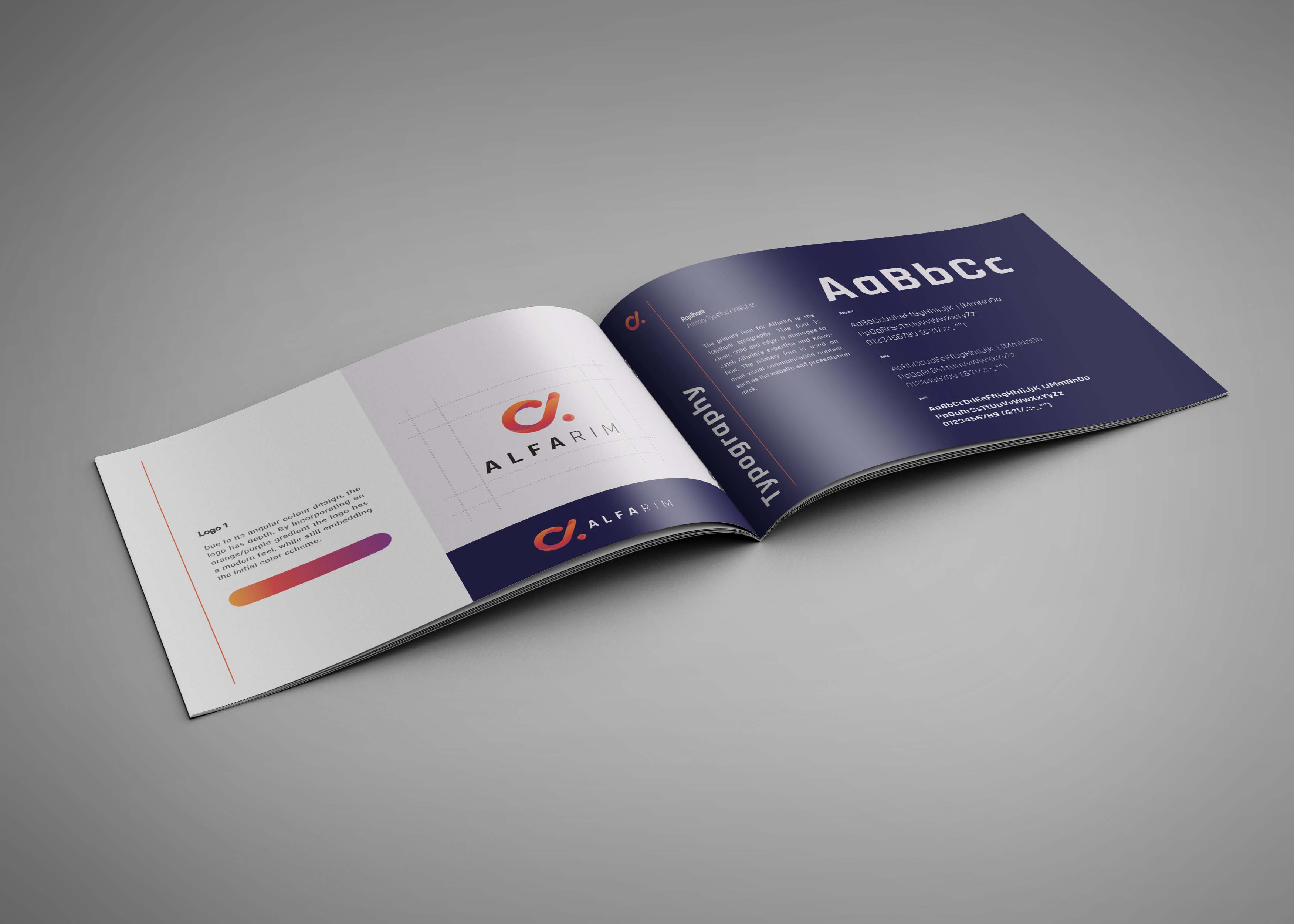 This mock-up image shows two pages from the branding style guide for Alfarim