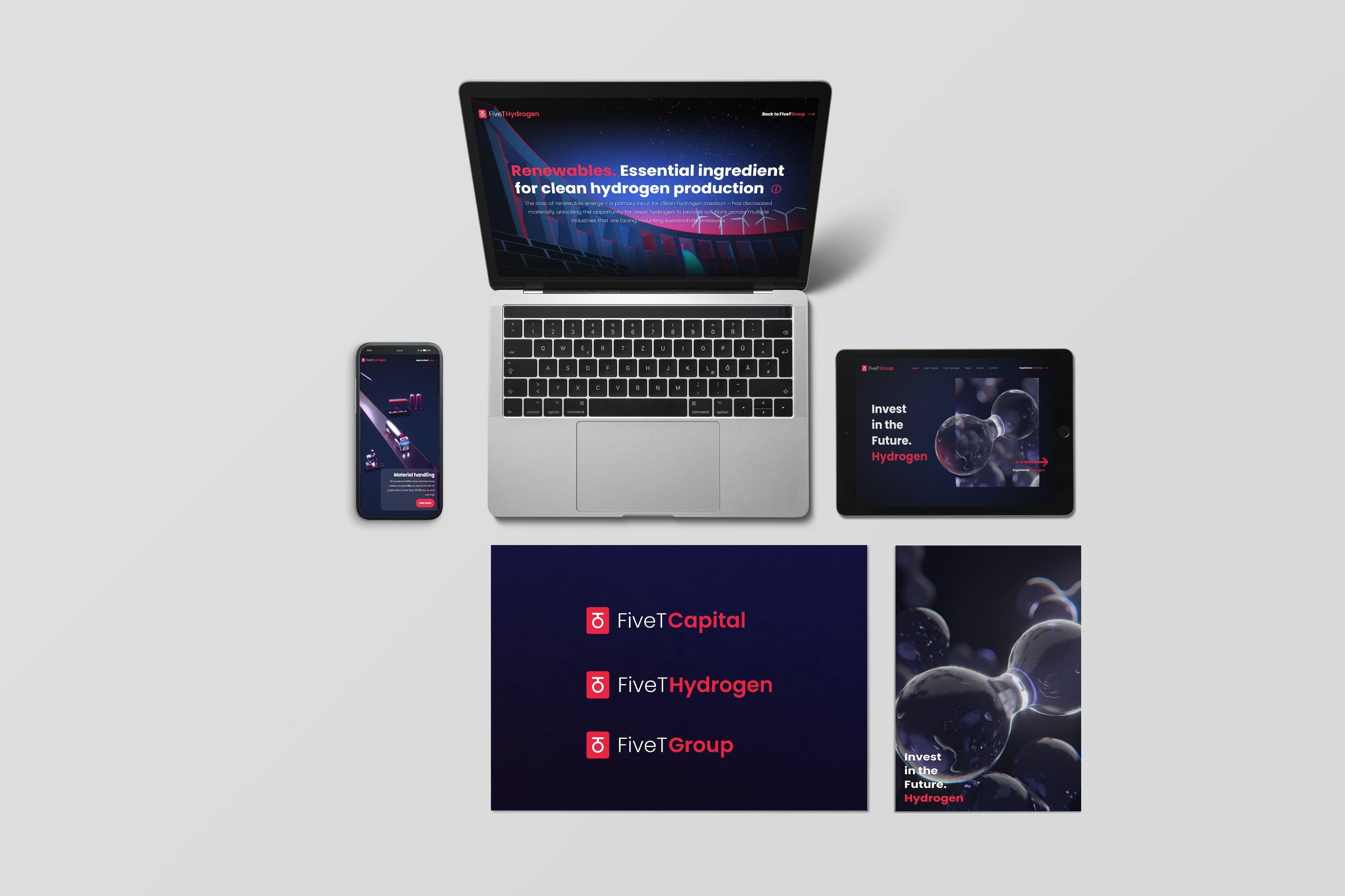 This mock up image shows FiveT branding designed by Sensu on multiple devices