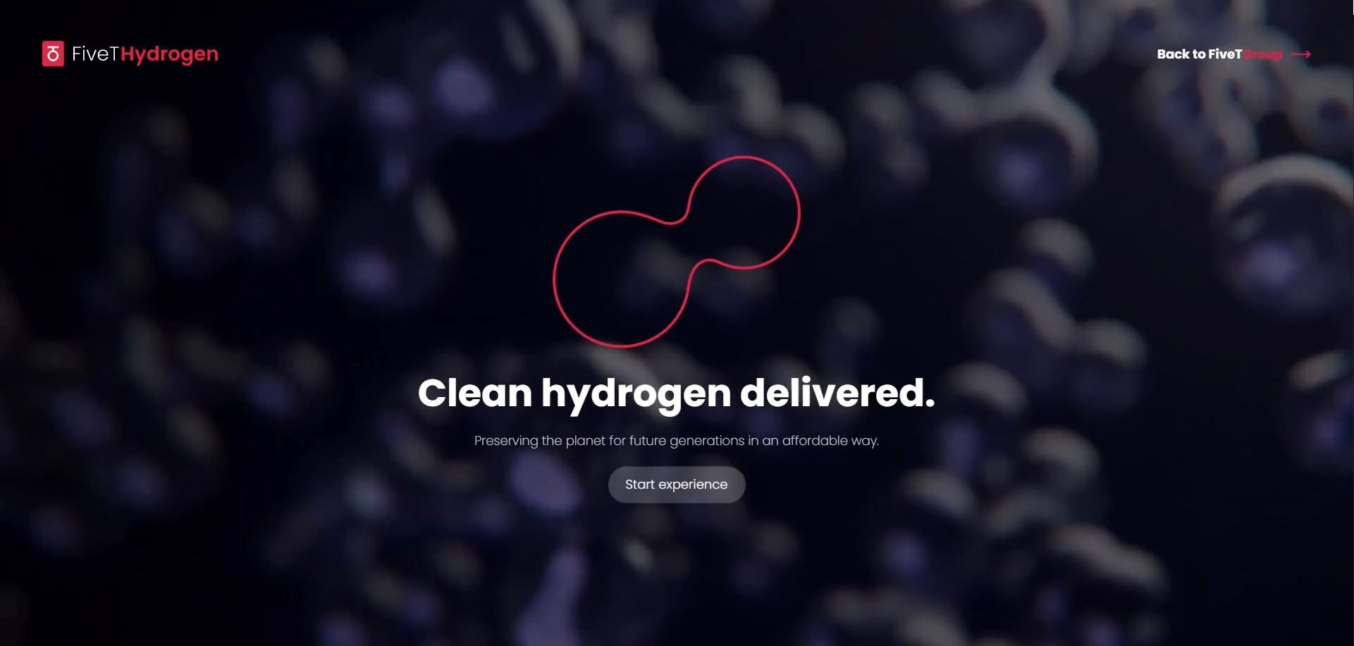 This image shows the opening homepage of FiveT hydrogen interactive website with three.JS