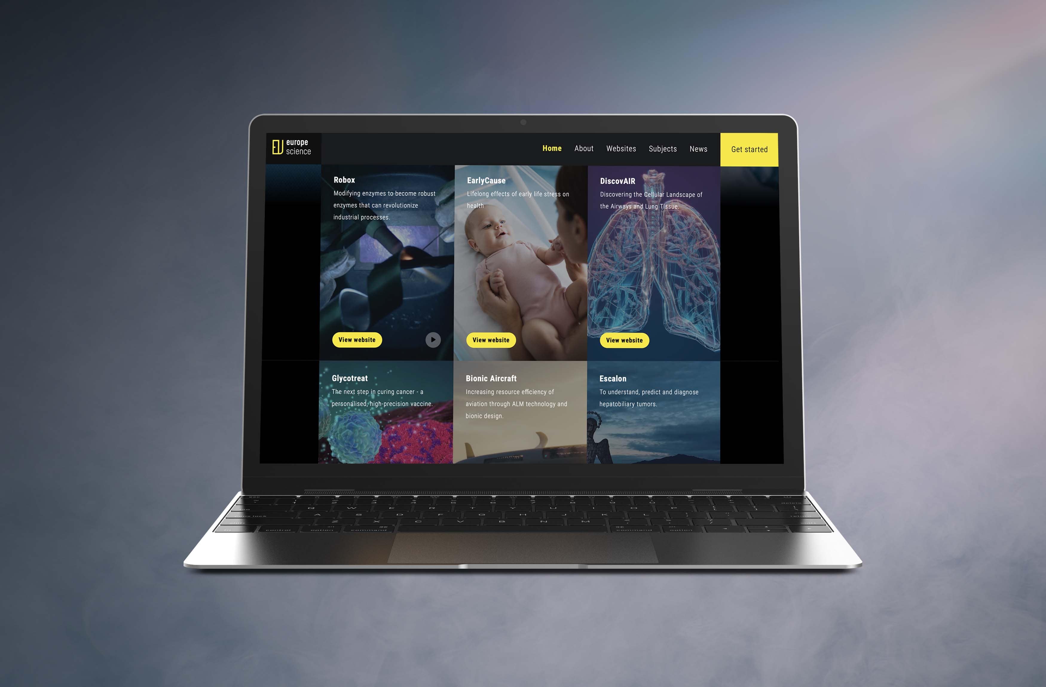 This mock-up image of a laptop shows the EuropeScience website homepage 