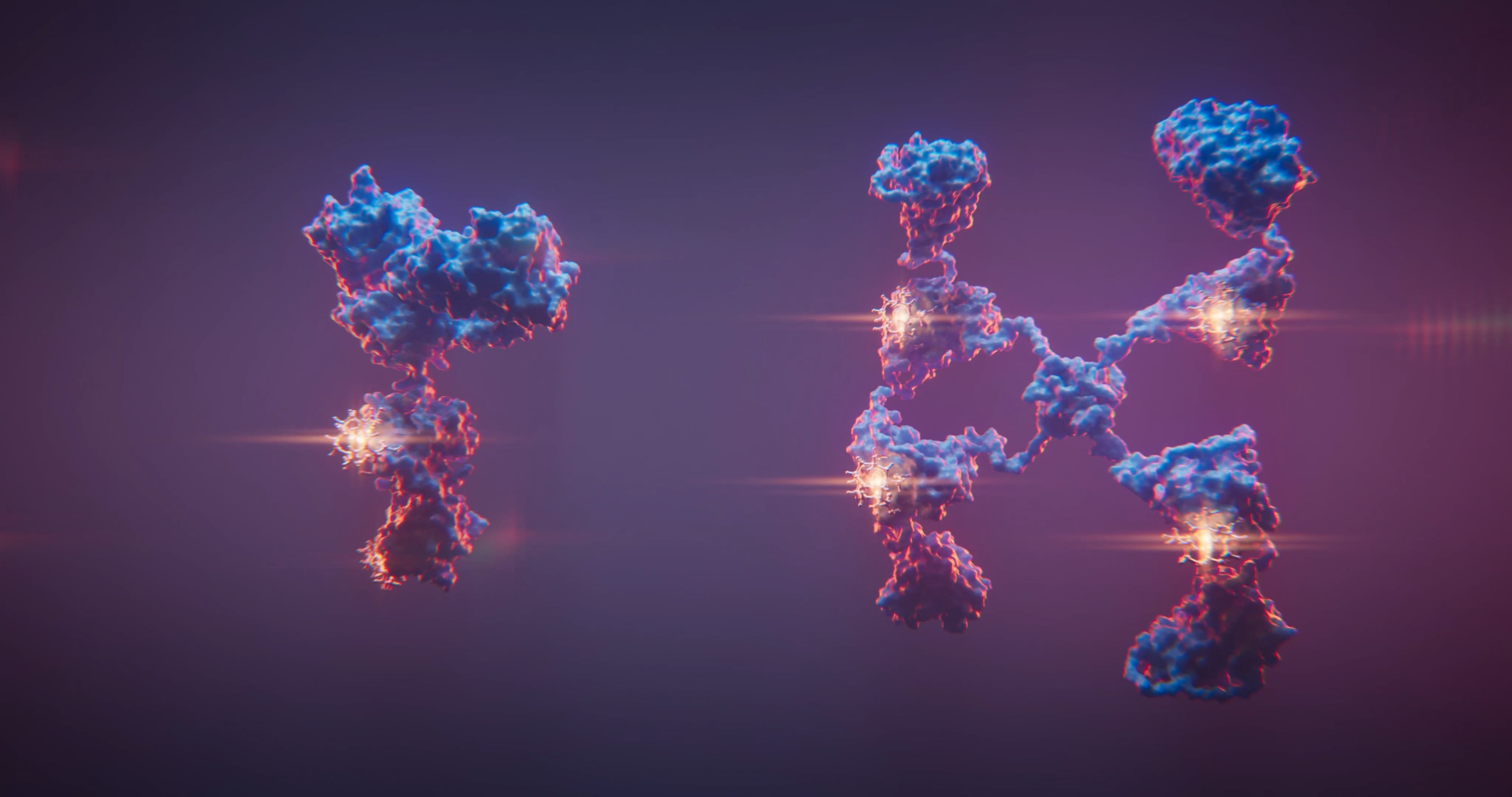 This image shows two antibodies with radioactive payload, on the left conventional radio-immunotherapy, on the right SADA technology 