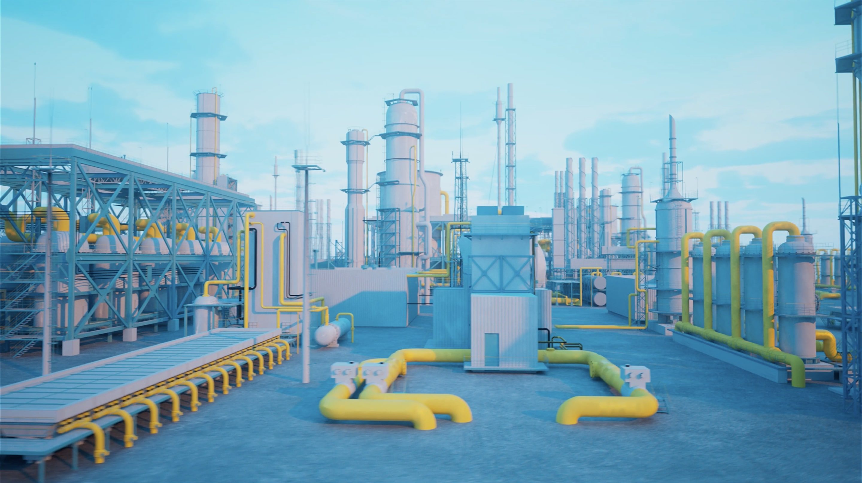 3D render of an industrial plant with yellow accents
