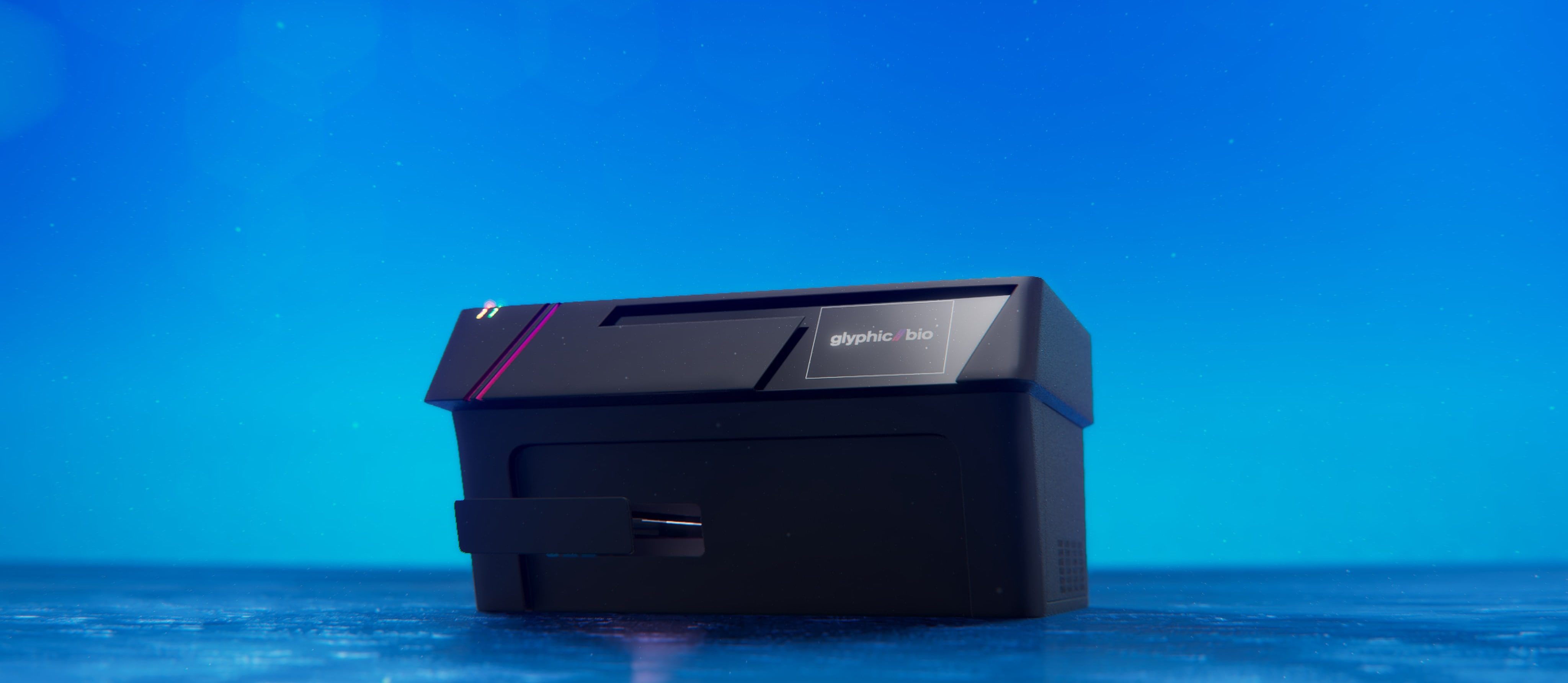 3D rendered product design of a protein sequencer for Glyphic on blue background