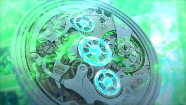 This image shows a 3D animation of the mechanism of a clockwork 