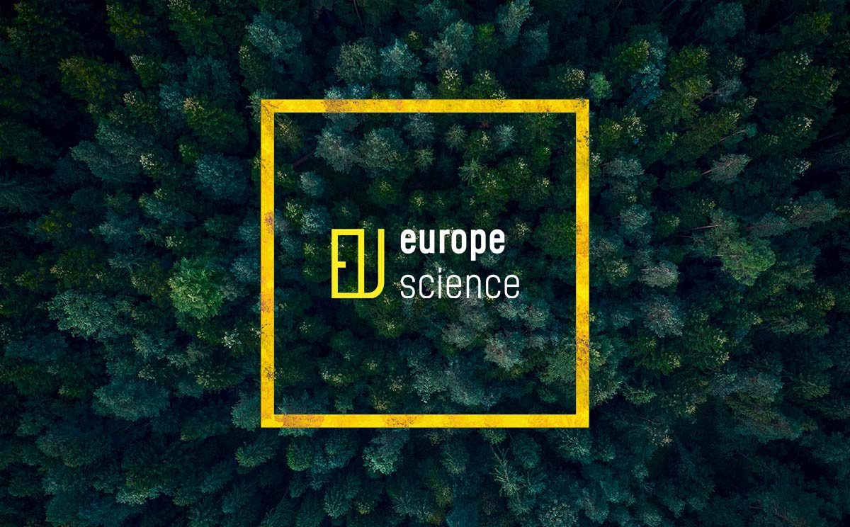This image shows the EuropeScience logo on top of a drone shot of a forest 