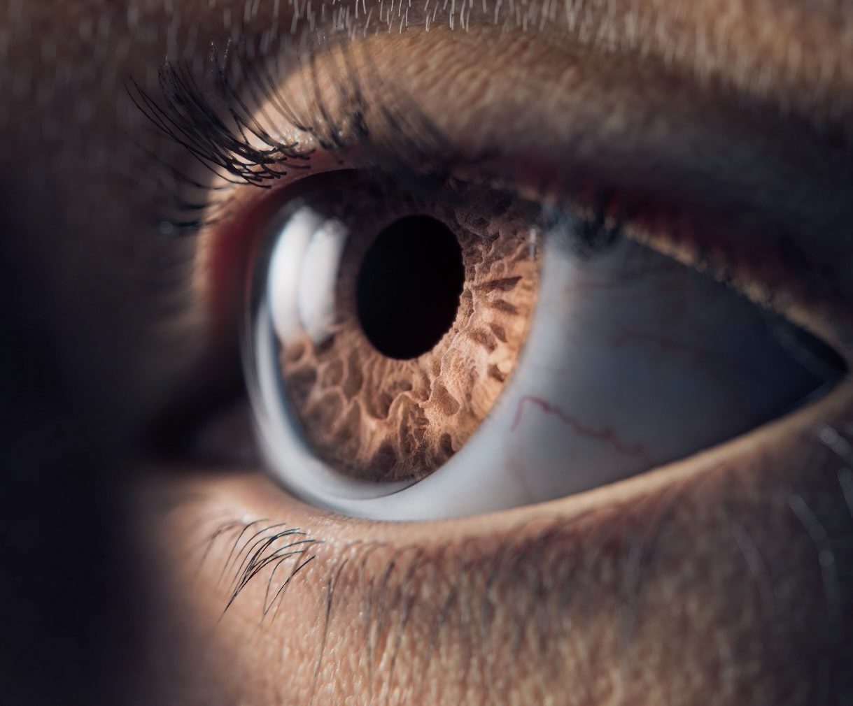 Close-up of a 3D animated eye wearing Lynthera's contact lens for ocular drug delivery