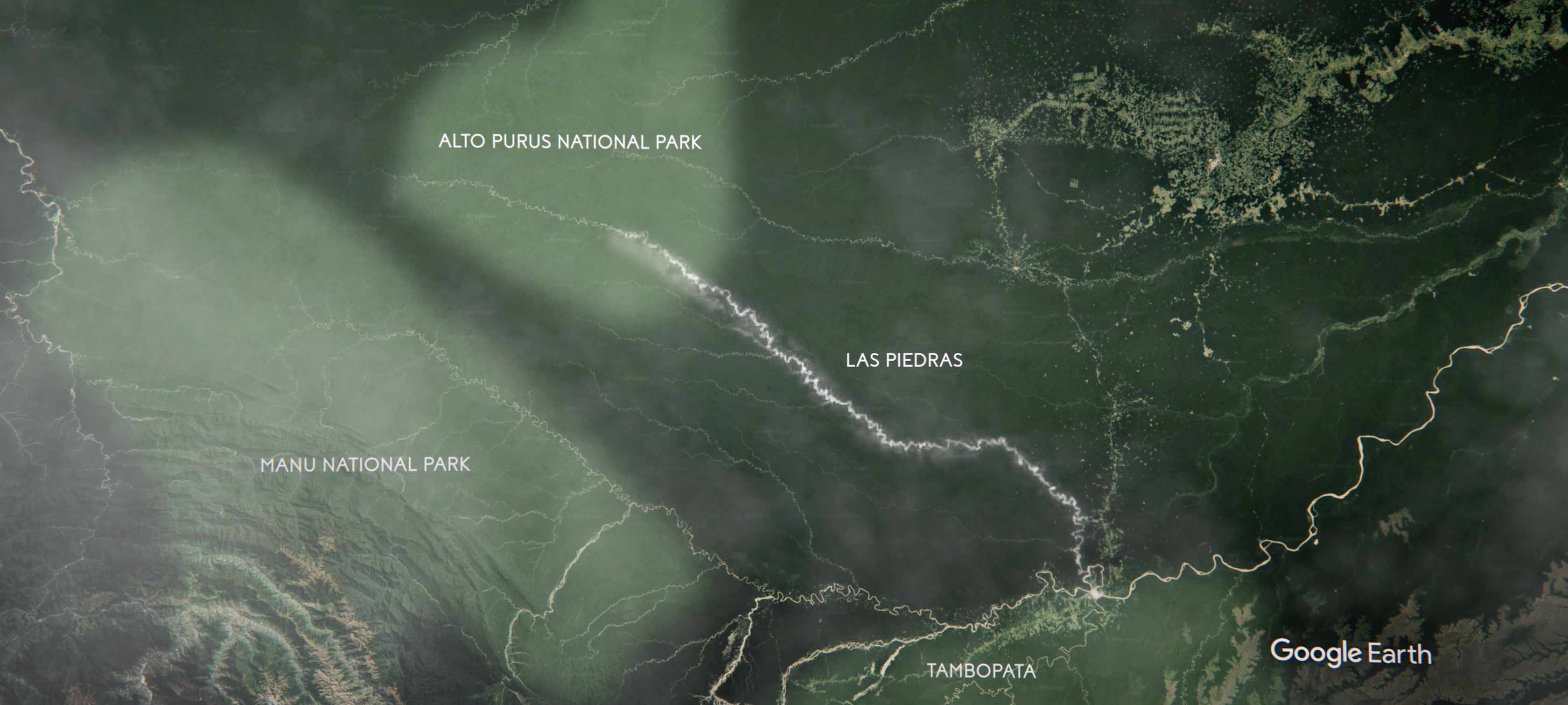 This image shows a satellite picture of three national parks in the Amazon Jungle with Las Piedras running through