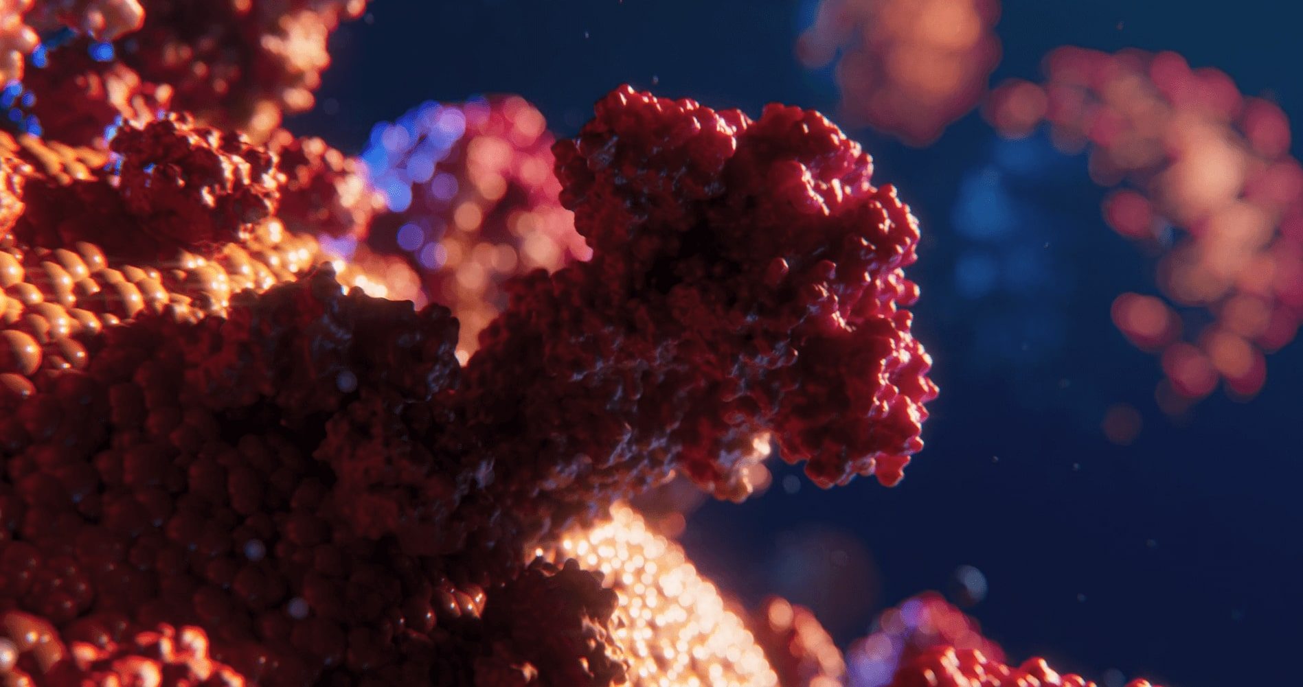 This image shows a 3D animation of the spike protein on a corona virus 
