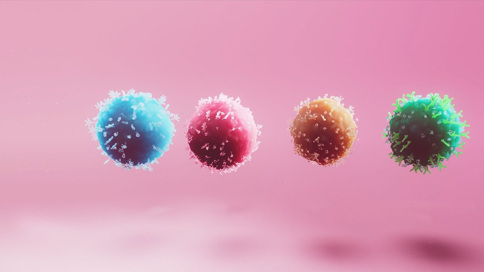 3D image of multiple, colourful T-cells that are used by LUMICKS