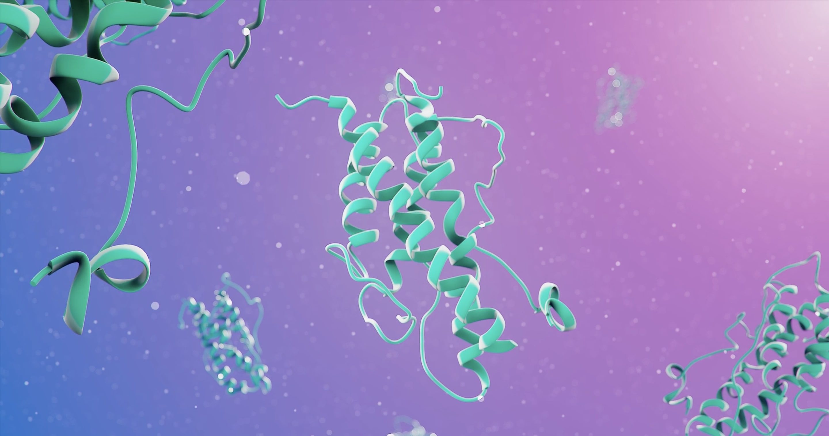 This image shows a 3D animation of a green protein structure on a pink backdrop for Bruker 