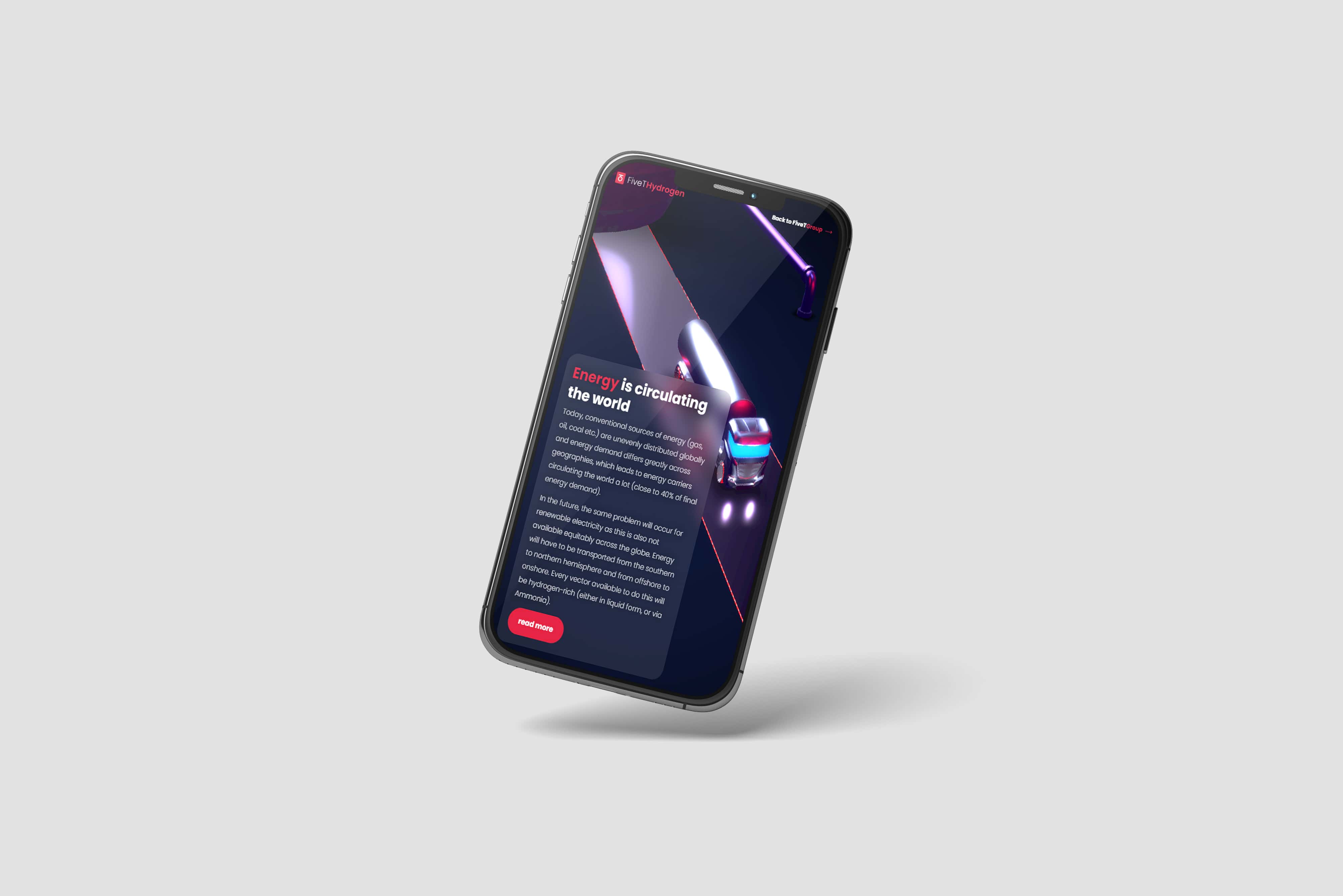 This mock-up image shows the interactive website design on mobile phone with three.JS for FiveT Hydrogen focussing on how energy is circulating the world